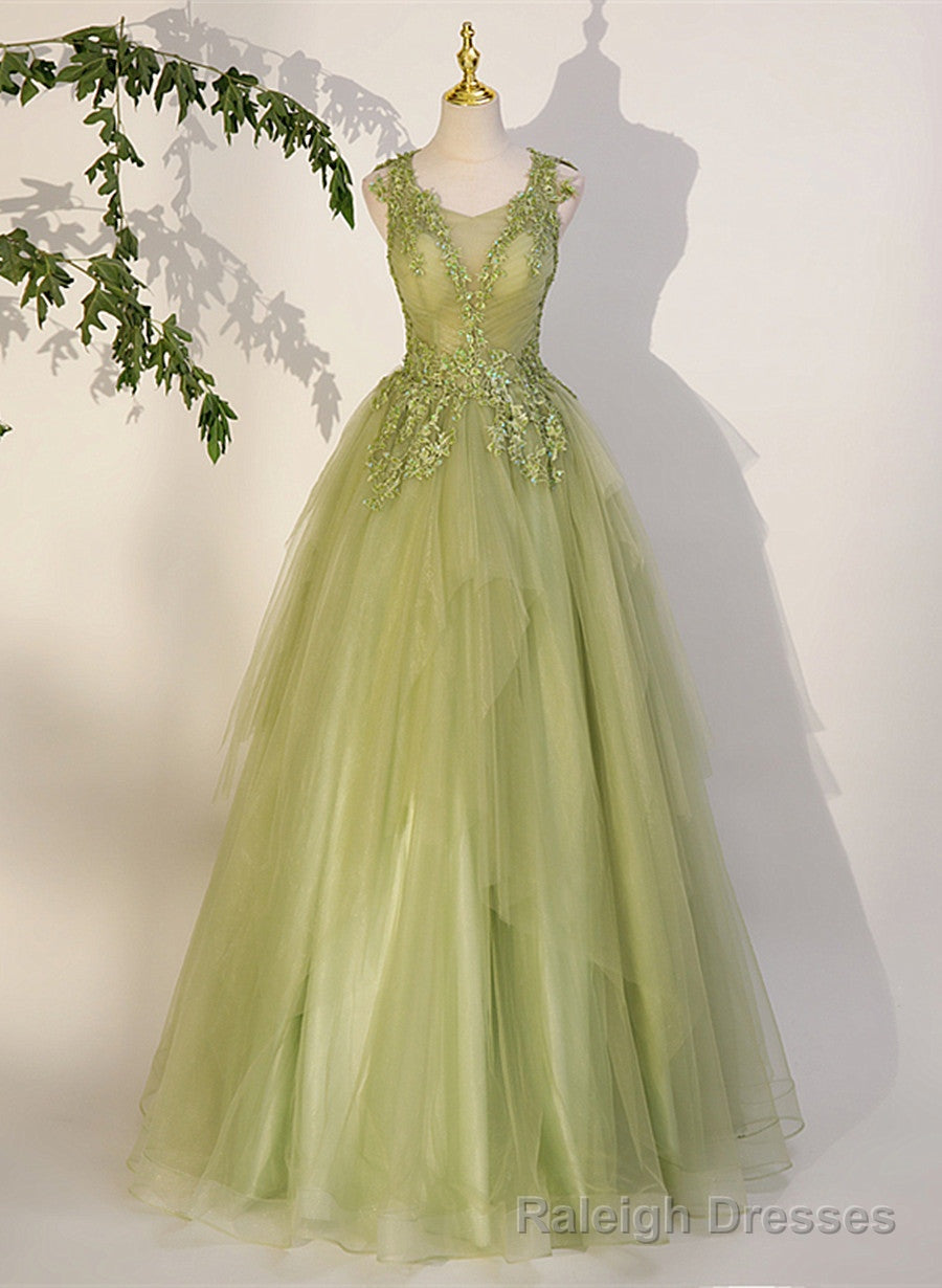Light Green A Line Tulle with Lace Applique Prom Dress, Green Formal Dress Main image