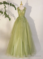 Light Green A-line Tulle with Lace Applique Prom Dress, Green Formal Dress