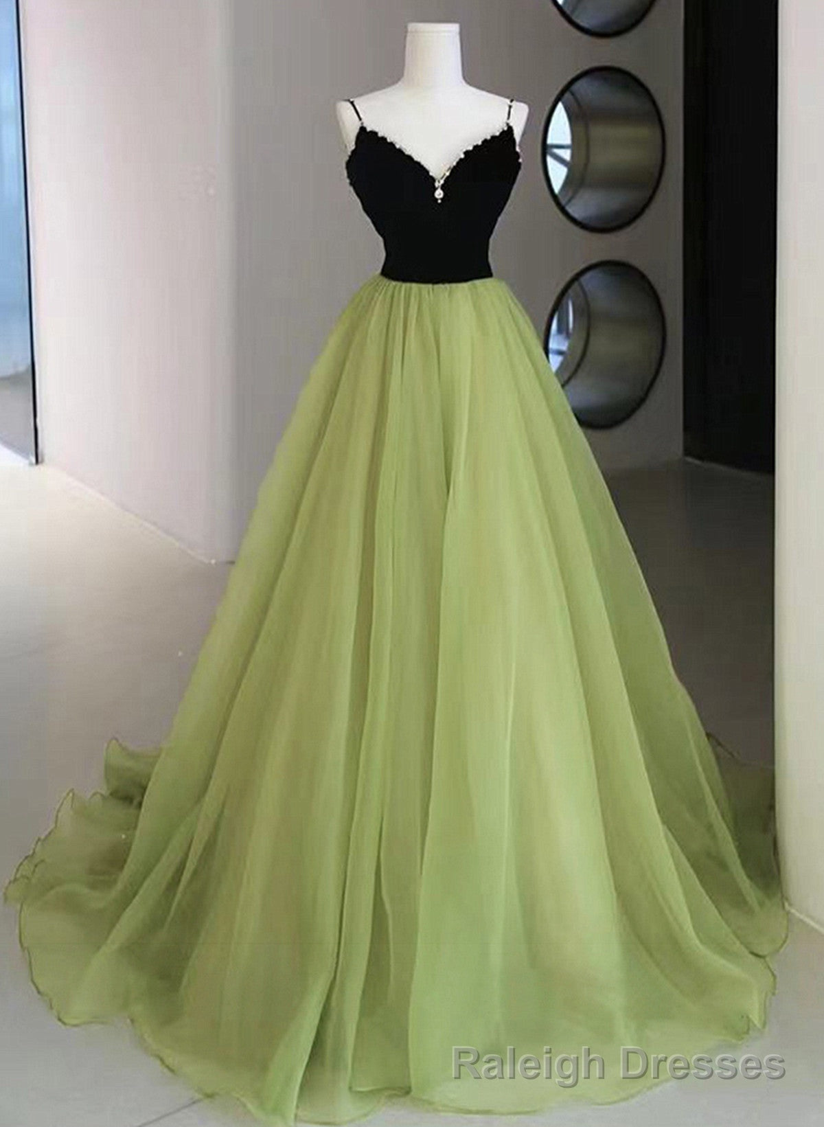 Light Green and Black Beaded Straps Long Party Dress, Green Tulle Evening Dress Prom Dress Secondary image