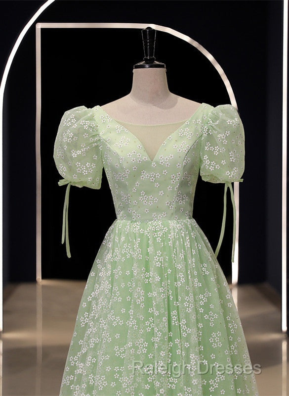 Light Green Floral V-Neckline Short Sleeves Prom Dresses A-Line Green Prom Dresses