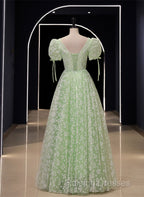 Light Green Floral V-Neckline Short Sleeves Prom Dresses A-Line Green Prom Dresses
