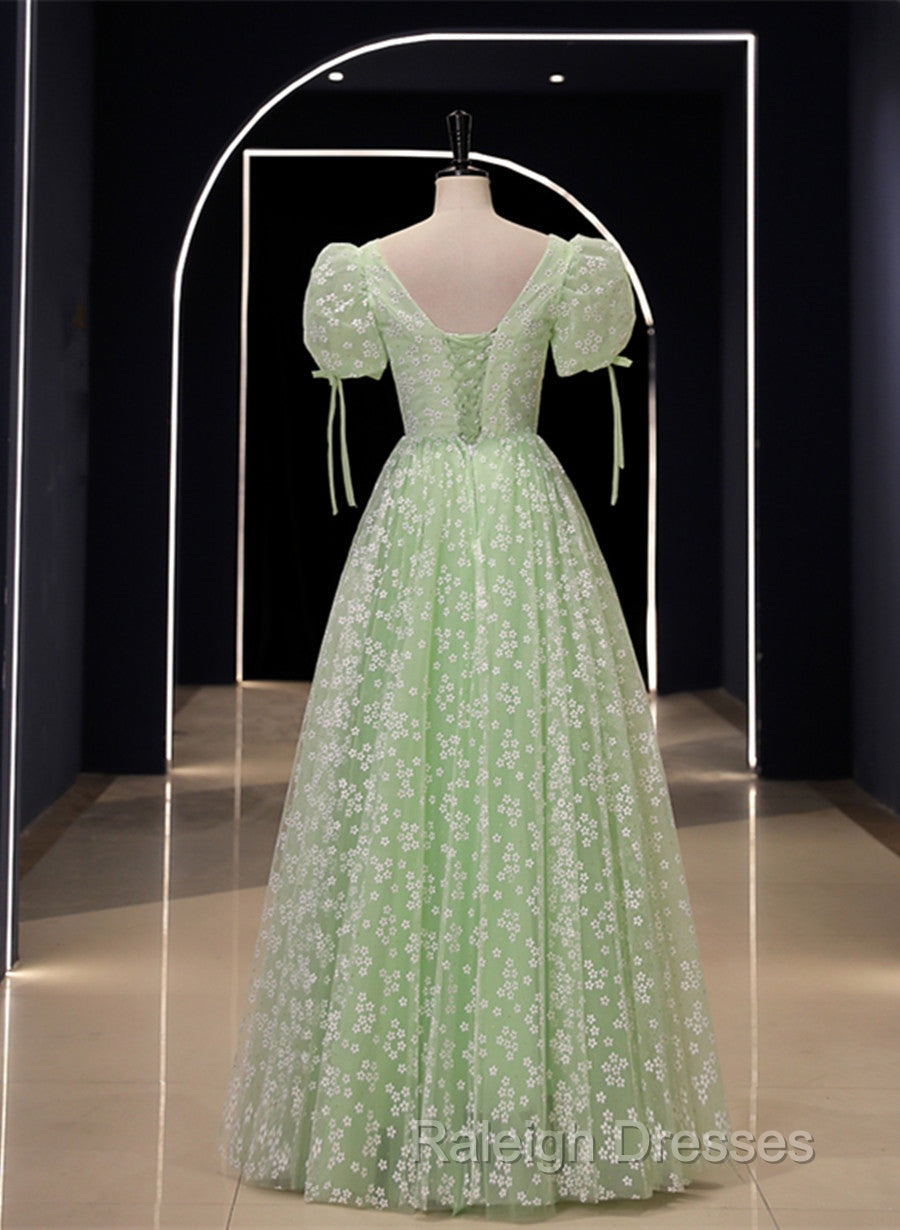 Light Green Floral V-Neckline Short Sleeves Prom Dresses A-Line Green Prom Dresses