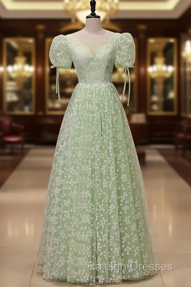 Light Green Floral V-Neckline Short Sleeves Party Dress, A-Line Green Formal Dress