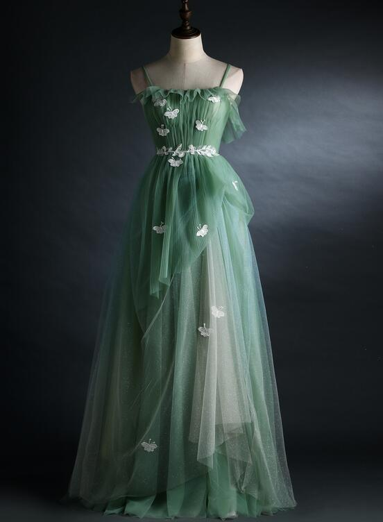 Light Green Gradient Straps Long A-Line Prom Dress, Beautiful Evening Dress Party Dresses Main image