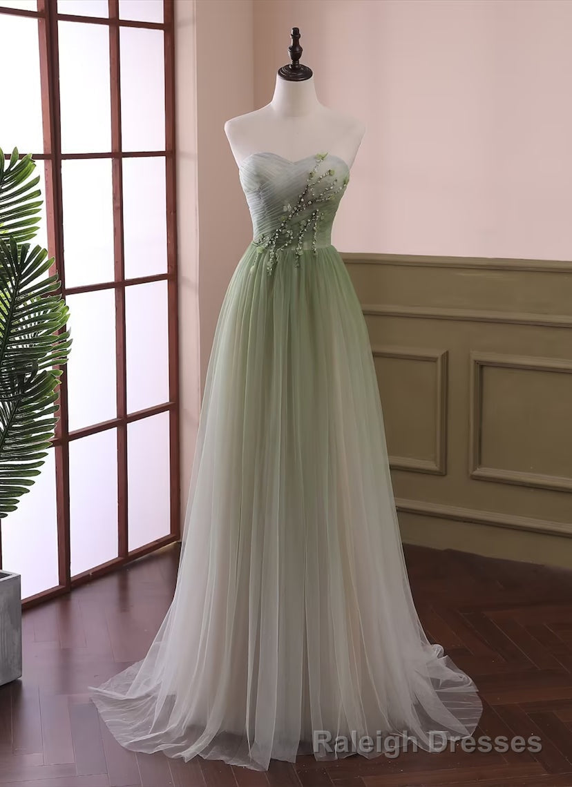Light Green Gradient Tulle Long Formal Dress, Green Beaded Sweetheart Prom Dresses Secondary image