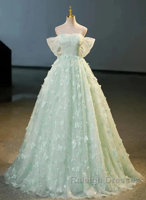 Light Green Lace Sweetheart Long Prom Dresseses Off Shoulder A-Line Floor Length Beautiful