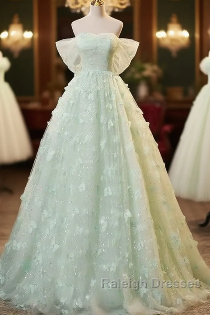 Light Green Lace Sweetheart Long Prom Dresseses Off Shoulder A-Line Floor Length Beautiful Main image