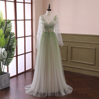 Light Green Long Sleeves Gradient Tulle Prom Dresses Green Floor Length Prom Dresses