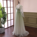 Light Green Long Sleeves Gradient Tulle Prom Dresses Green Floor Length Prom Dresses