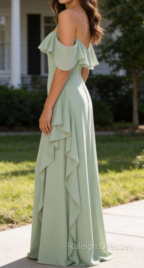Light Green Mermaid Off the Shoulder Ruffled Bridesmaid Dresses with Slit Secondary image
