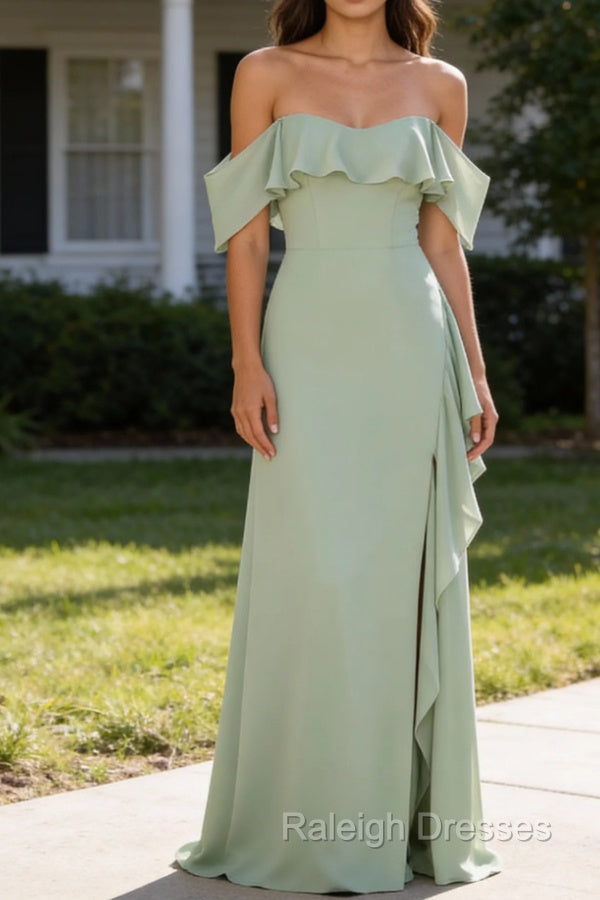 Light Green Mermaid Off the Shoulder Ruffled Bridesmaid Dresses with Slit Main image