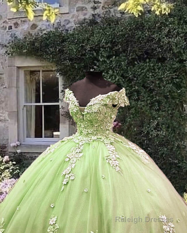 Light Green Off Shoulder Ball Gown Dress With 3D Lace Flowers Secondary image
