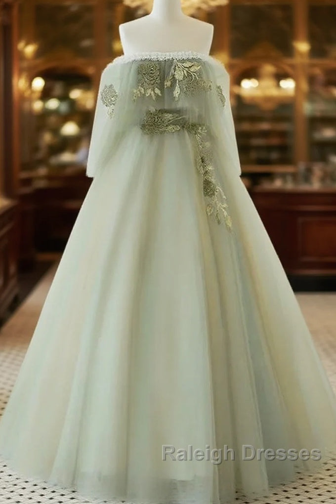 Light Green Off Shoulder Tulle Long Prom Dress A-Line Green Party Dress Main image