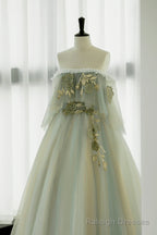 Light Green Off Shoulder Tulle with Lace Long Prom Dress, A Line Green Prom Dress