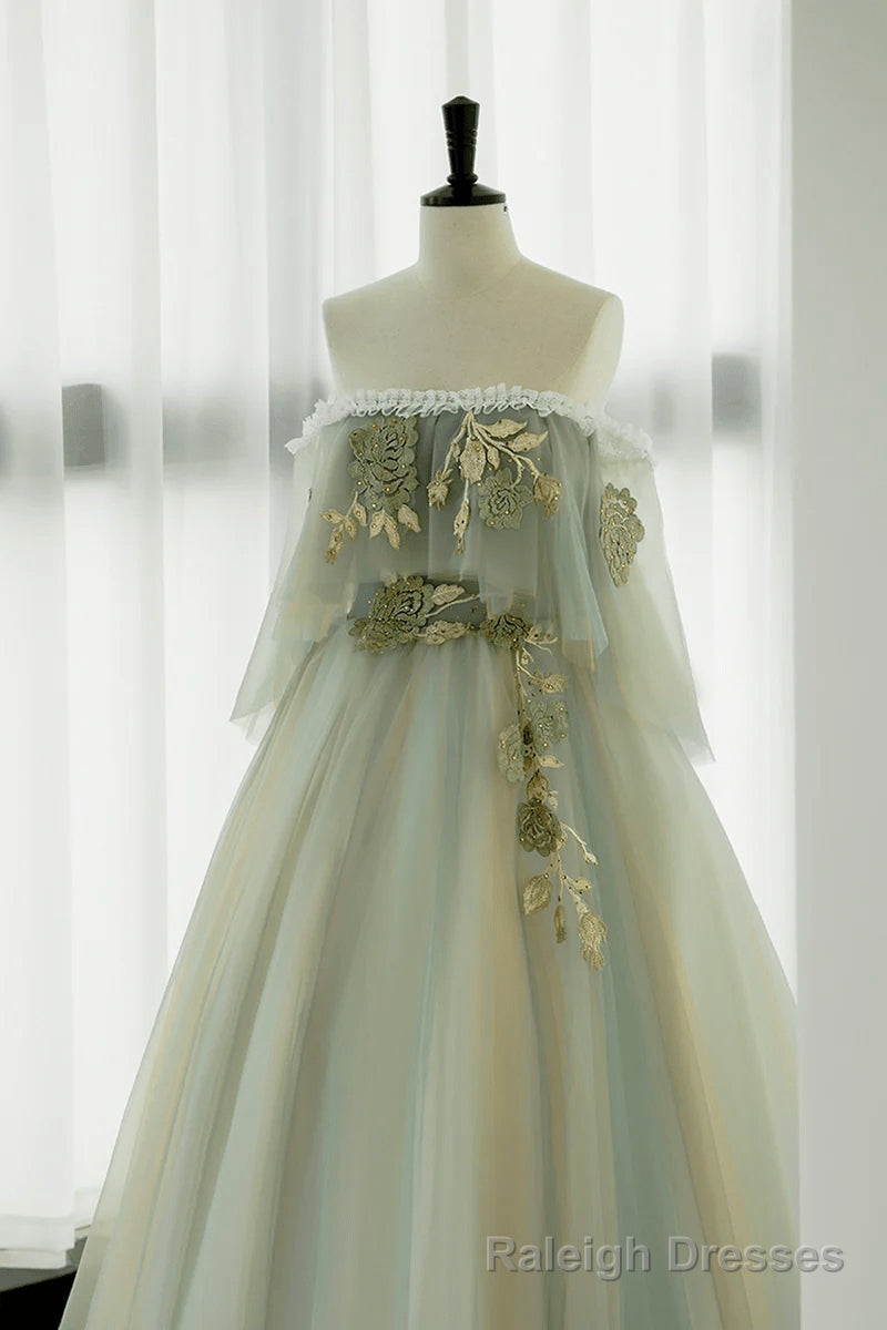 Light Green Off Shoulder Tulle with Lace Long Prom Dress, A Line Green Prom Dress