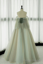 Light Green Off Shoulder Tulle with Lace Long Prom Dress, A Line Green Prom Dress