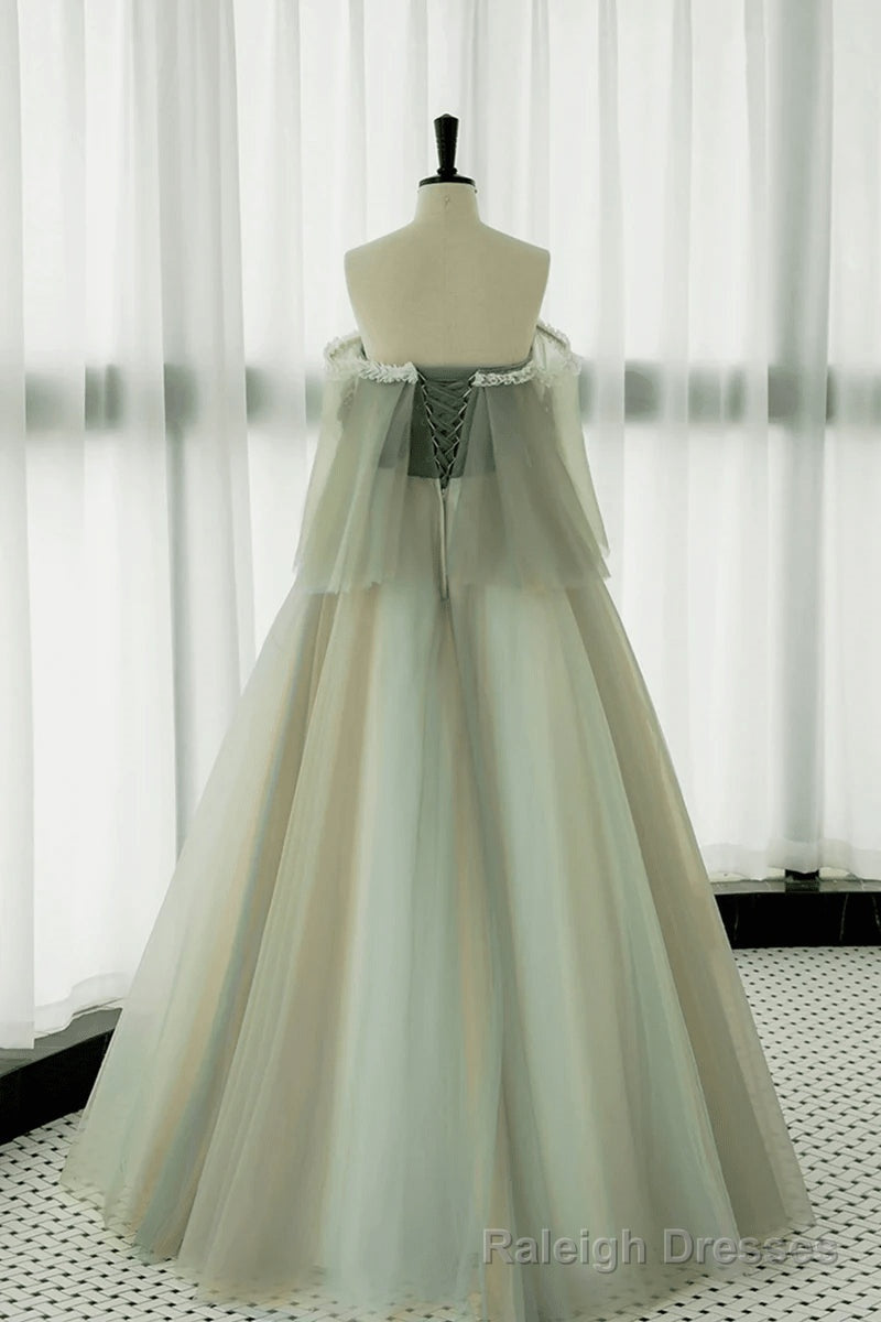 Light Green Off Shoulder Tulle with Lace Long Prom Dress, A Line Green Prom Dress