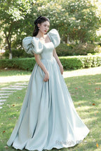 Light Green Satin Long A Line Princess Dress, Cute Short Puff Sleeves Prom Prom Dress