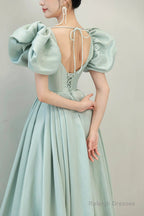 Light Green Satin Long A-Line Prom Dresses Cute Short Sleeve Prom Dresses