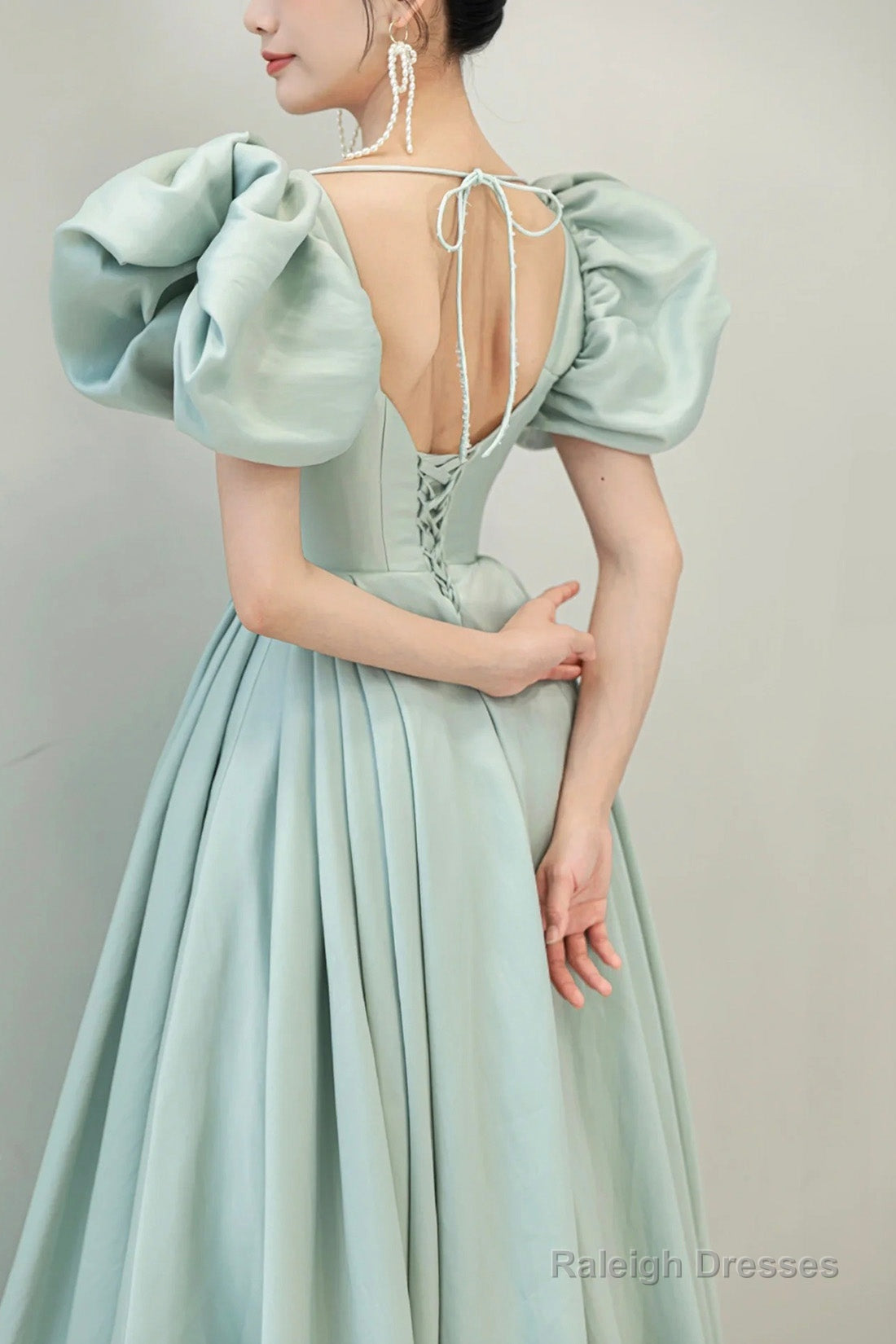 Light Green Satin Long A-Line Prom Dresses Cute Short Sleeve Prom Dresses