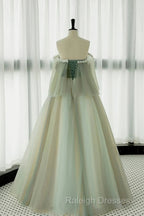 Light Green Scoop Off Shoulder A-Line Tulle Prom Dress, Light Green Evening Dress