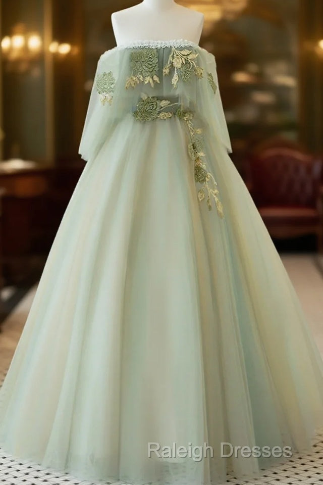 Light Green Scoop Off Shoulder A-Line Tulle Prom Dress, Light Green Evening Dress Main image