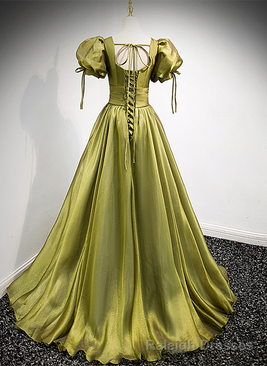 Light Green Short Sleeves Long A-line Prom Dress, Green Lace-up Party Dress Main image