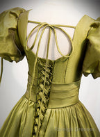 Light Green Short Sleeves Long A Line Prom Dress, Green Lace-up Prom Dress