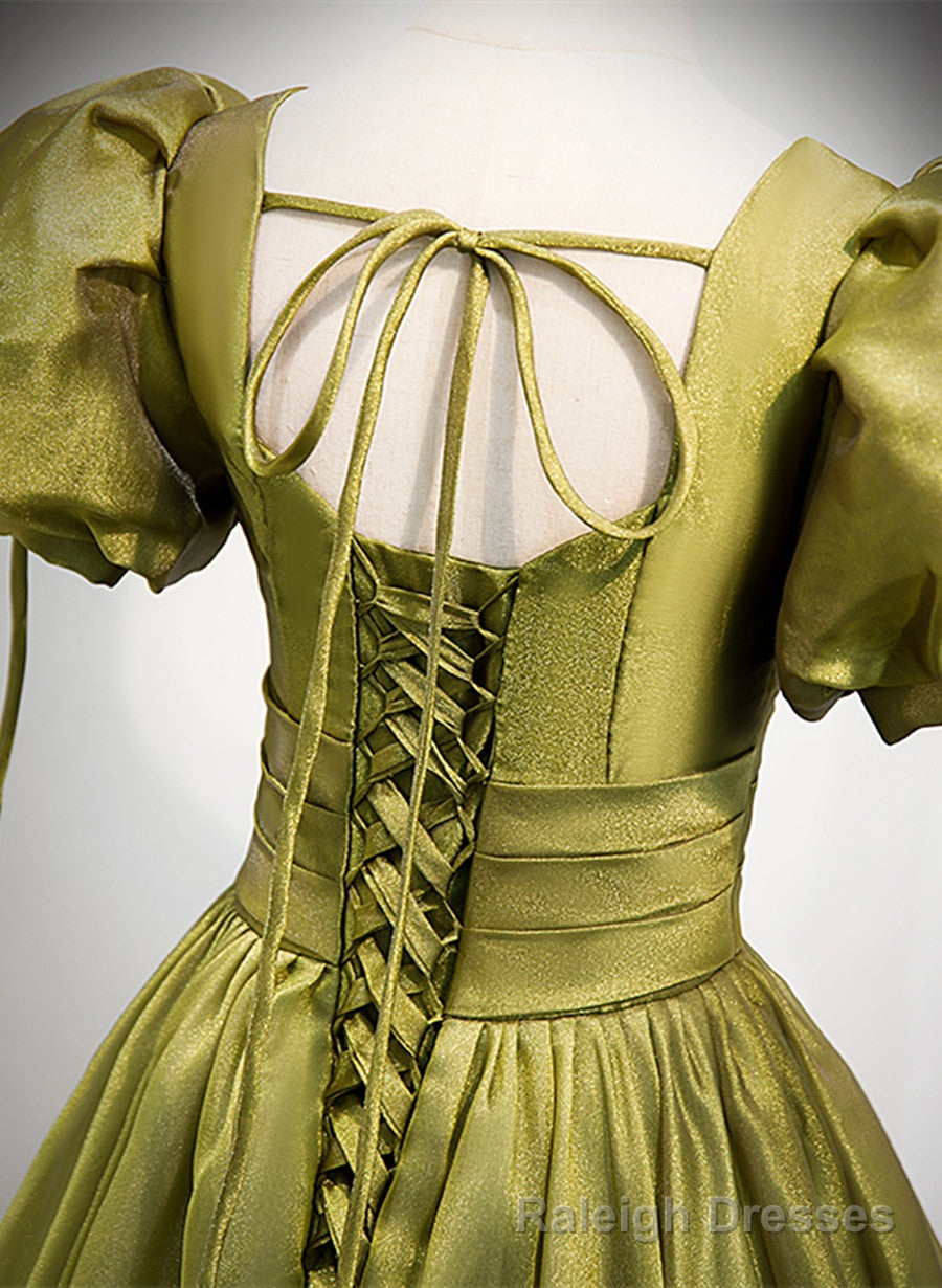 Light Green Short Sleeves Long A Line Prom Dress, Green Lace-up Prom Dress