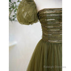 Light Green Short Sleeves Tulle Sequins Long Junior Prom Dress, Green Party Dresses