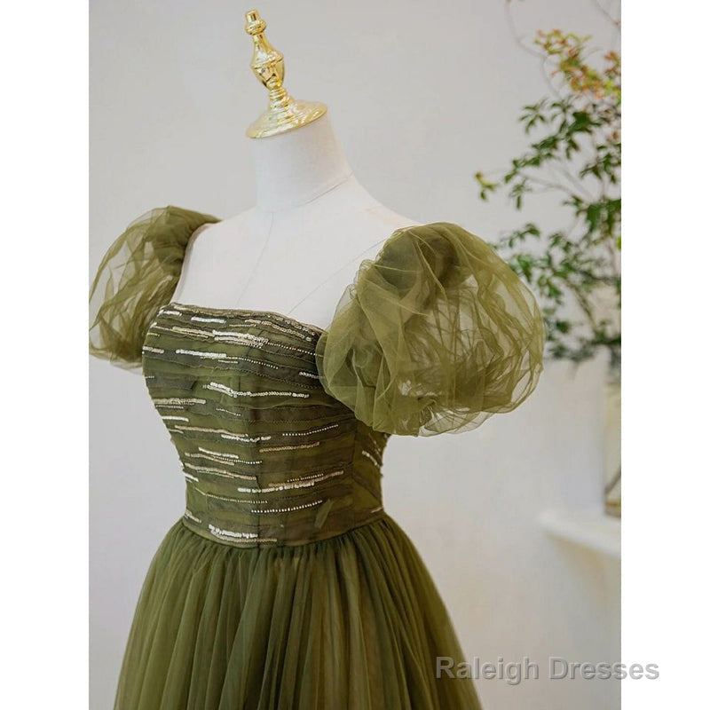 Light Green Short Sleeves Tulle Sequins Long Junior Prom Dresses Green Prom Dress