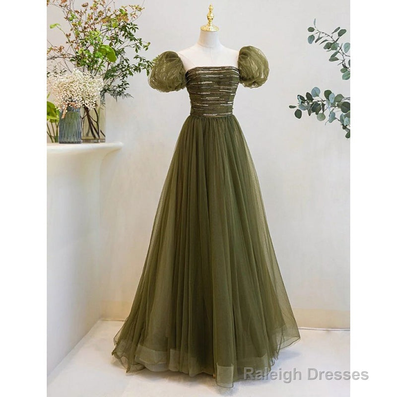 Light Green Short Sleeves Tulle Sequins Long Junior Prom Dress, Green Party Dresses
