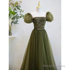 Light Green Short Sleeves Tulle Sequins Long Junior Prom Dress, Green Party Dresses