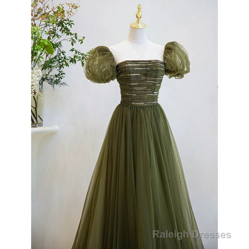 Light Green Short Sleeves Tulle Sequins Long Junior Prom Dresses Green Prom Dress