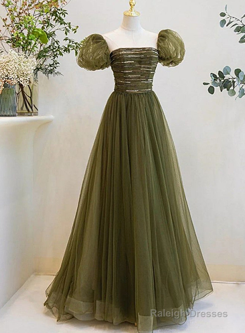 Light Green Short Sleeves Tulle Sequins Long Junior Prom Dresses Green Prom Dress