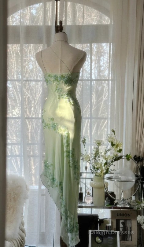 Light Green Simple Bodycon Dress One Shoulder Chiffon Applique Beaded Prom Dress