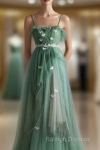 Light Green Straps Tulle Floor Length A-Line Prom Dress, Tulle Scoop Party Dress Formal Dress
