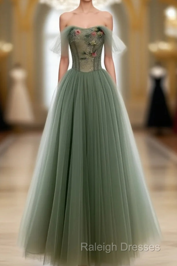 Light Green Sweetheart A-Line Prom Dress, Green Long Party Dress With Lace Applique