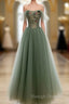 Light Green Sweetheart A-Line Prom Dress, Green Long Party Dress With Lace Applique