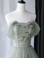 Light Green Sweetheart Beaded And Flowers Prom Dresses Tulle Green Prom Dresses