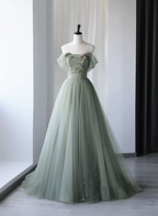 Light Green Sweetheart Beaded And Flowers Prom Dresses Tulle Green Prom Dresses