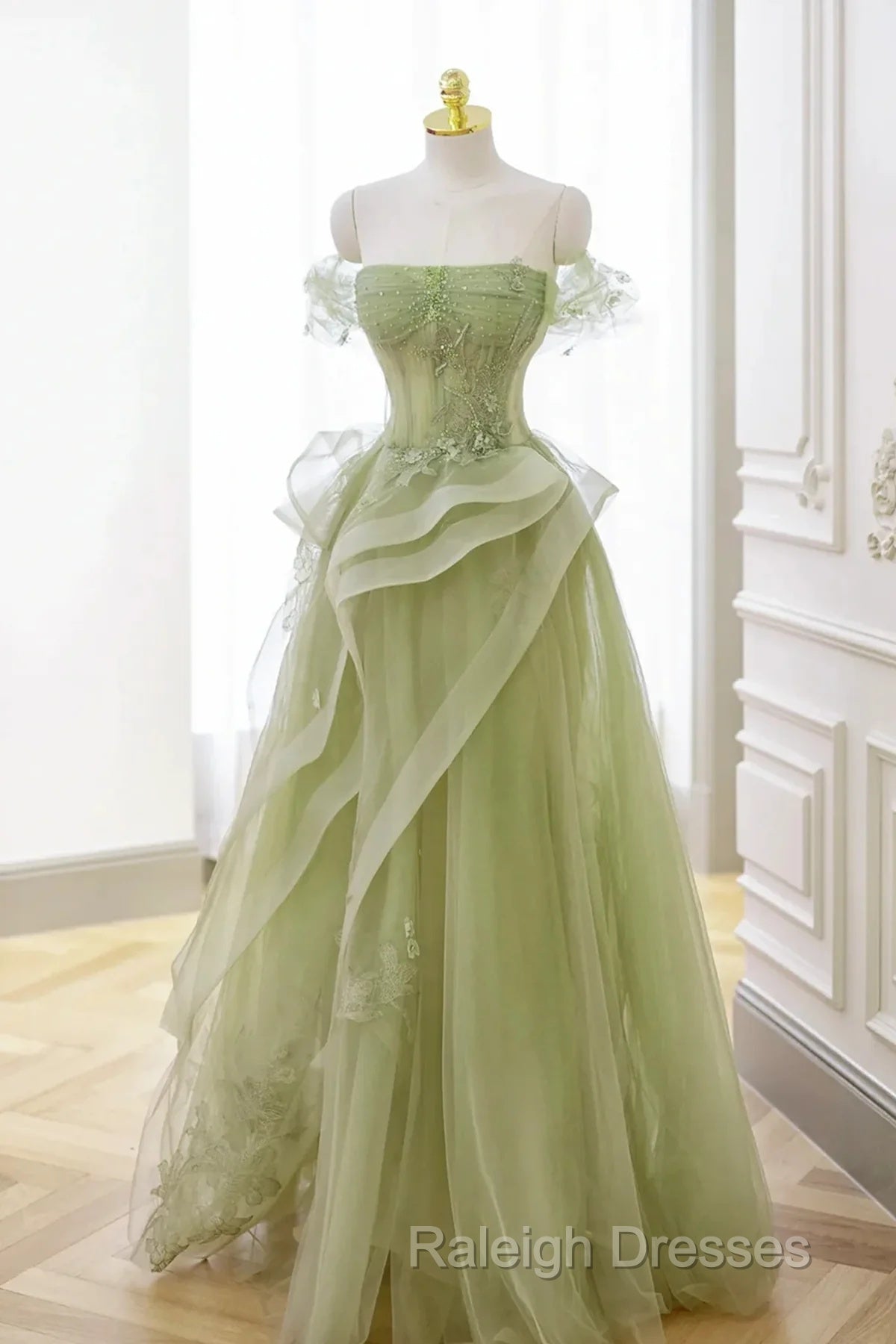 Light Green Sweetheart Beaded Off Shoulder Party Dress, Light Green Tulle Prom Dress Secondary image