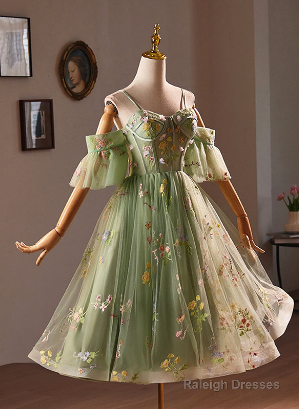 Light Green Sweetheart Tulle Floral Homecoming Dress, Green Short Prom Dress