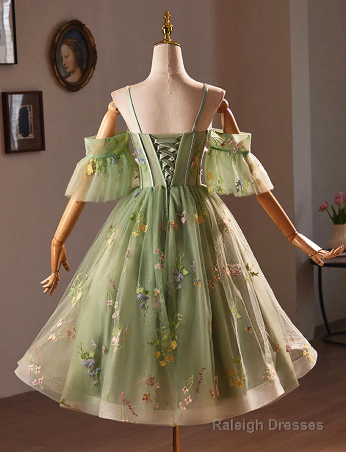 Light Green Sweetheart Tulle Floral Homecoming Dresses Green Short Prom Dresses
