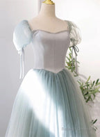 Light Green Tulle And Satin Beaded Long Prom Dress, A-Line Tulle Formal Dress