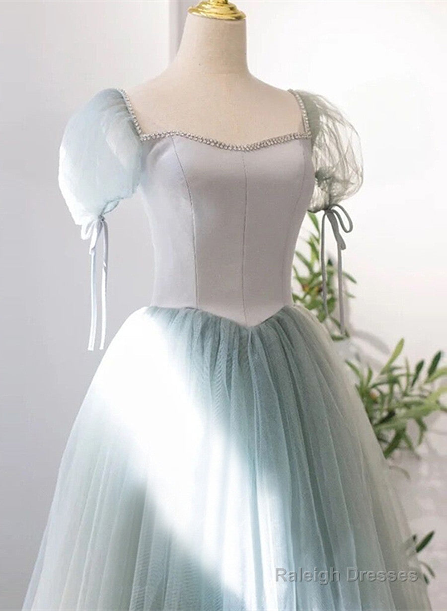 Light Green Tulle And Satin Beaded Long Prom Dress, A-Line Tulle Formal Dress
