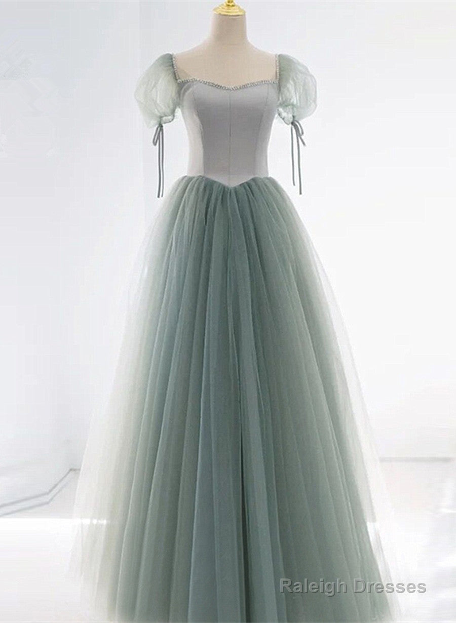 Light Green Tulle And Satin Beaded Long Prom Dress, A-Line Tulle Formal Dress Main image