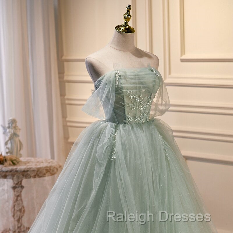 Light Green Tulle Beaded Ball Gown Off Shoulder Party Dress, Green Sweet 16 Dress Secondary image