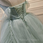 Light Green Tulle Beaded Ball Gown Off Shoulder Party Dress, Green Sweet 16 Dress