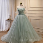 Light Green Tulle Beaded Ball Gown Off Shoulder Party Dress, Green Sweet 16 Dress